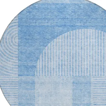 8' Sky Blue And Denim Blue Round Geometric Washable Indoor Outdoor Area Rug