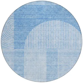 8' Sky Blue And Denim Blue Round Geometric Washable Indoor Outdoor Area Rug
