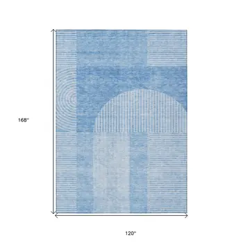 10' X 14' Sky Blue And Denim Blue Geometric Washable Indoor Outdoor Area Rug