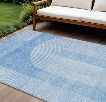 10' X 14' Sky Blue And Denim Blue Geometric Washable Indoor Outdoor Area Rug