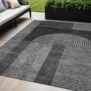 5' X 8' Charcoal Gray And Silver Geometric Washable Indoor Outdoor Area Rug