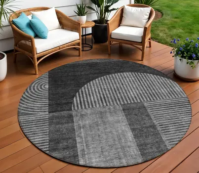 8' Charcoal Gray And Silver Round Geometric Washable Indoor Outdoor Area Rug