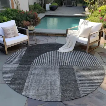8' Charcoal Gray And Silver Round Geometric Washable Indoor Outdoor Area Rug