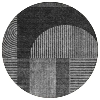 8' Charcoal Gray And Silver Round Geometric Washable Indoor Outdoor Area Rug