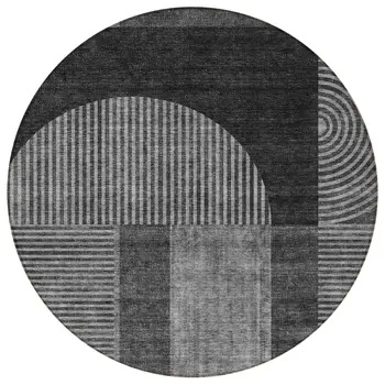 8' Charcoal Gray And Silver Round Geometric Washable Indoor Outdoor Area Rug