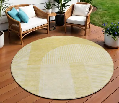 8' Gold Ivory And Yellow Round Geometric Washable Indoor Outdoor Area Rug