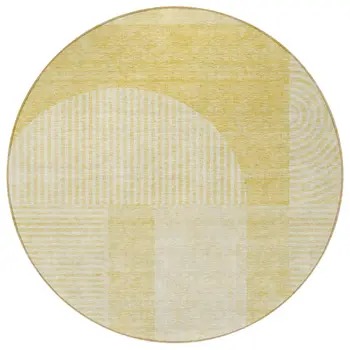 8' Gold Ivory And Yellow Round Geometric Washable Indoor Outdoor Area Rug
