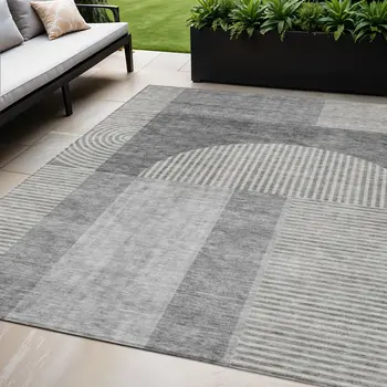 5' X 8' Gray Silver And Charcoal Geometric Washable Indoor Outdoor Area Rug