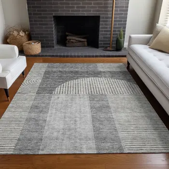 5' X 8' Gray Silver And Charcoal Geometric Washable Indoor Outdoor Area Rug