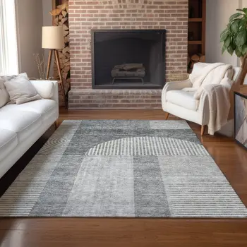5' X 8' Gray Silver And Charcoal Geometric Washable Indoor Outdoor Area Rug