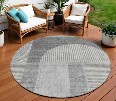 8' Gray Silver And Charcoal Round Geometric Washable Indoor Outdoor Area Rug