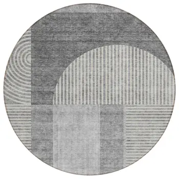 8' Gray Silver And Charcoal Round Geometric Washable Indoor Outdoor Area Rug