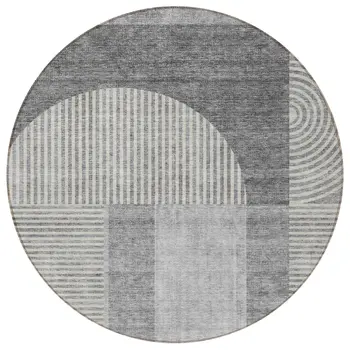 8' Gray Silver And Charcoal Round Geometric Washable Indoor Outdoor Area Rug