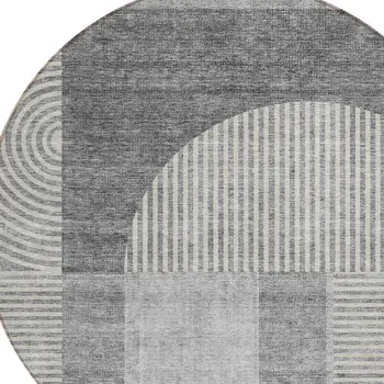 8' Gray Silver And Charcoal Round Geometric Washable Indoor Outdoor Area Rug