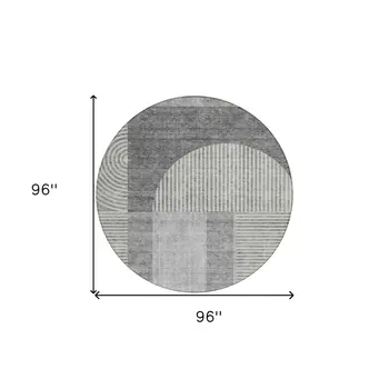 8' Gray Silver And Charcoal Round Geometric Washable Indoor Outdoor Area Rug