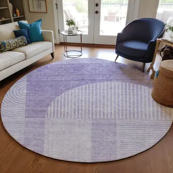 8' Lavender And Purple Round Geometric Washable Indoor Outdoor Area Rug
