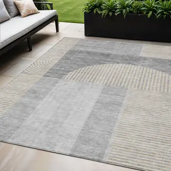 5' X 8' Silver Gray And Beige Geometric Washable Indoor Outdoor Area Rug