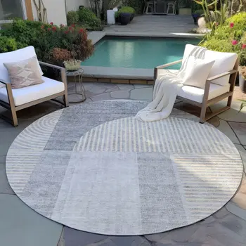 8' Silver Gray And Beige Round Geometric Washable Indoor Outdoor Area Rug