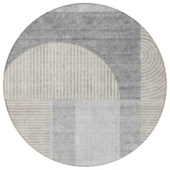 8' Silver Gray And Beige Round Geometric Washable Indoor Outdoor Area Rug