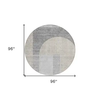 8' Silver Gray And Beige Round Geometric Washable Indoor Outdoor Area Rug