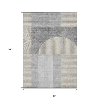 9' X 12' Silver Gray And Beige Geometric Washable Indoor Outdoor Area Rug