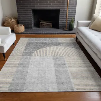 9' X 12' Silver Gray And Beige Geometric Washable Indoor Outdoor Area Rug