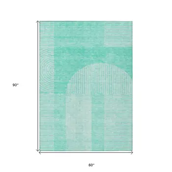 5' X 8' Teal Blue And Aqua Geometric Washable Indoor Outdoor Area Rug
