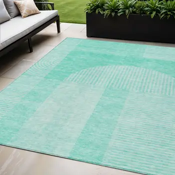 5' X 8' Teal Blue And Aqua Geometric Washable Indoor Outdoor Area Rug