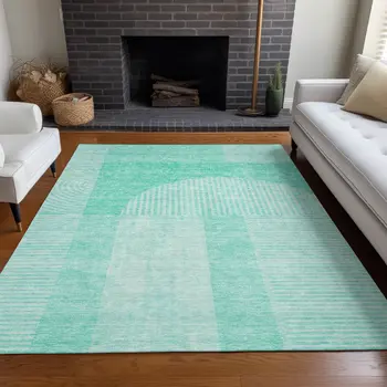 5' X 8' Teal Blue And Aqua Geometric Washable Indoor Outdoor Area Rug