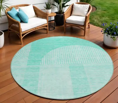 8' Teal Blue And Aqua Round Geometric Washable Indoor Outdoor Area Rug