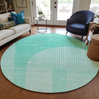 8' Teal Blue And Aqua Round Geometric Washable Indoor Outdoor Area Rug