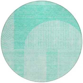 8' Teal Blue And Aqua Round Geometric Washable Indoor Outdoor Area Rug