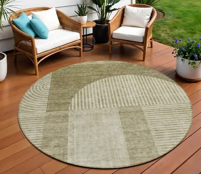 8' Taupe Beige And Tan Round Geometric Washable Indoor Outdoor Area Rug
