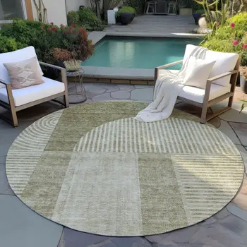 8' Taupe Beige And Tan Round Geometric Washable Indoor Outdoor Area Rug