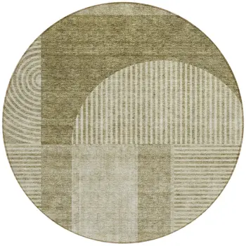 8' Taupe Beige And Tan Round Geometric Washable Indoor Outdoor Area Rug