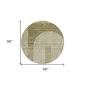 8' Taupe Beige And Tan Round Geometric Washable Indoor Outdoor Area Rug