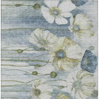3' X 5' Denim Blue And Sky Blue Floral Washable Indoor Outdoor Area Rug