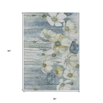 3' X 5' Denim Blue And Sky Blue Floral Washable Indoor Outdoor Area Rug