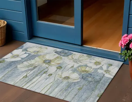 3' X 5' Denim Blue And Sky Blue Floral Washable Indoor Outdoor Area Rug