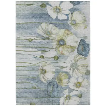 3' X 5' Denim Blue And Sky Blue Floral Washable Indoor Outdoor Area Rug
