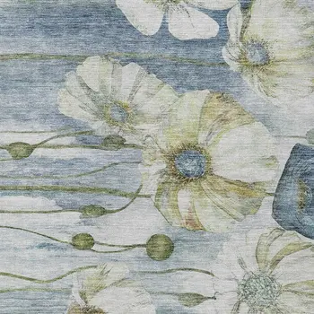 3' X 5' Denim Blue And Sky Blue Floral Washable Indoor Outdoor Area Rug