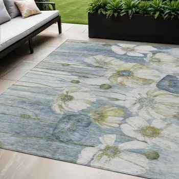 5' X 8' Denim Blue And Sky Blue Floral Washable Indoor Outdoor Area Rug