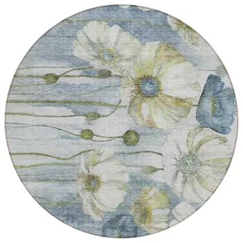 8' Denim Blue And Sky Blue Round Floral Washable Indoor Outdoor Area Rug