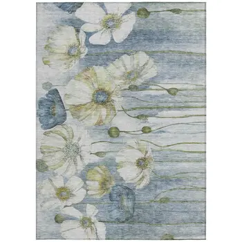 8' X 10' Denim Blue And Sky Blue Floral Washable Indoor Outdoor Area Rug