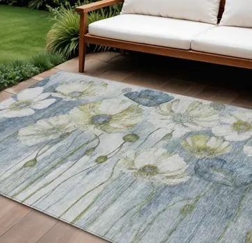 9' X 12' Denim Blue And Sky Blue Floral Washable Indoor Outdoor Area Rug