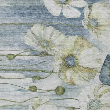 9' X 12' Denim Blue And Sky Blue Floral Washable Indoor Outdoor Area Rug