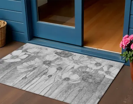 3' X 5' Gray Charcoal And Silver Floral Washable Indoor Outdoor Area Rug