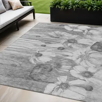5' X 8' Gray Charcoal And Silver Floral Washable Indoor Outdoor Area Rug