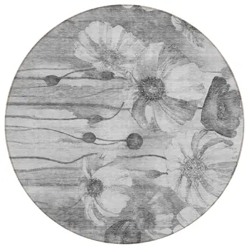 8' Gray Charcoal And Silver Round Floral Washable Indoor Outdoor Area Rug