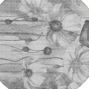 8' Gray Charcoal And Silver Round Floral Washable Indoor Outdoor Area Rug